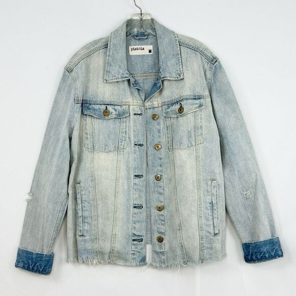 Pistola Cropped Denim Long Sleeve Jacket Raw Hem Size Medium Blue - Picture 6 of 16